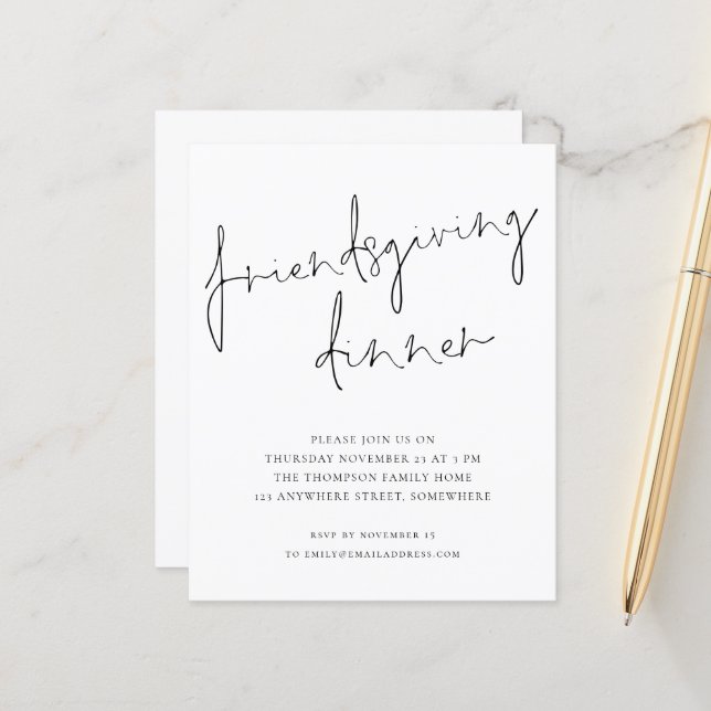 Budget Minimal Friendsgiving Dinner White Invite (Front/Back In Situ)