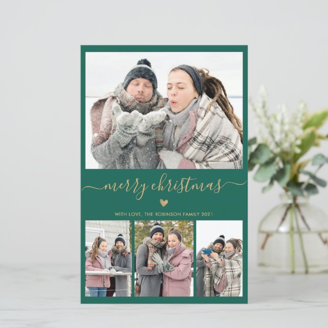 Budget Minimal Green Gold 4 Photo Christmas Card (Standing Front)