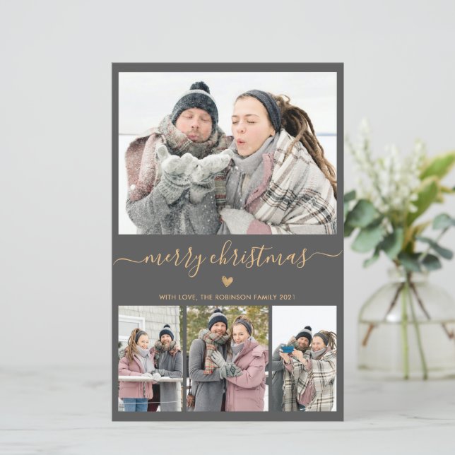 Budget Minimal Grey Gold 4 Photo Christmas Card (Standing Front)