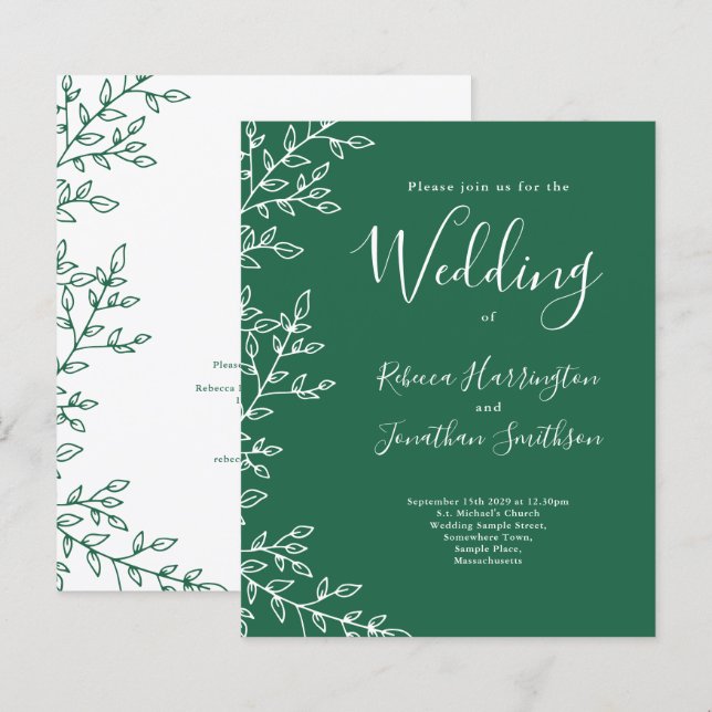 Budget Minimal Leaf Green Wedding Invitation (Front/Back)