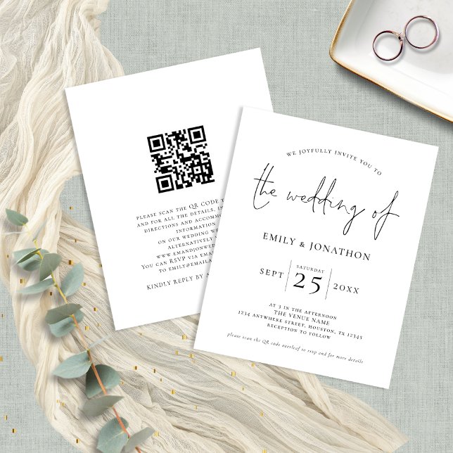 Budget Minimal QR Code Black White Wedding Invite (Front and back view)