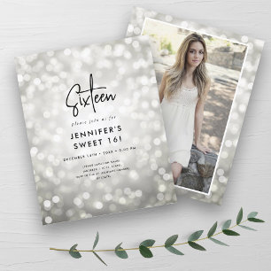 Budget Minimal Silver Glam Photo Sweet 16 Invite