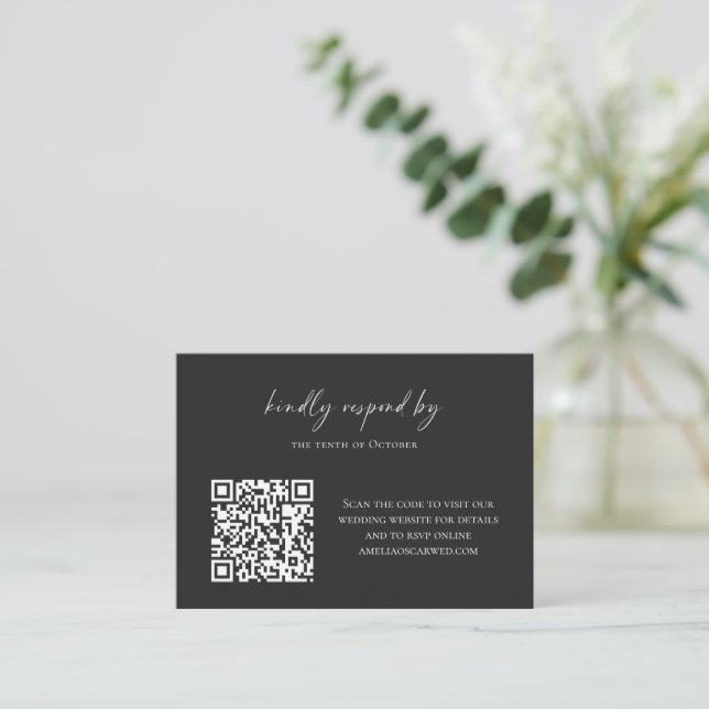 Budget Minimalist Black Script RSVP QR Code Online Card (Standing Front)