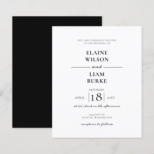 Budget Minimalist Black White Wedding Invitation (Front/Back)