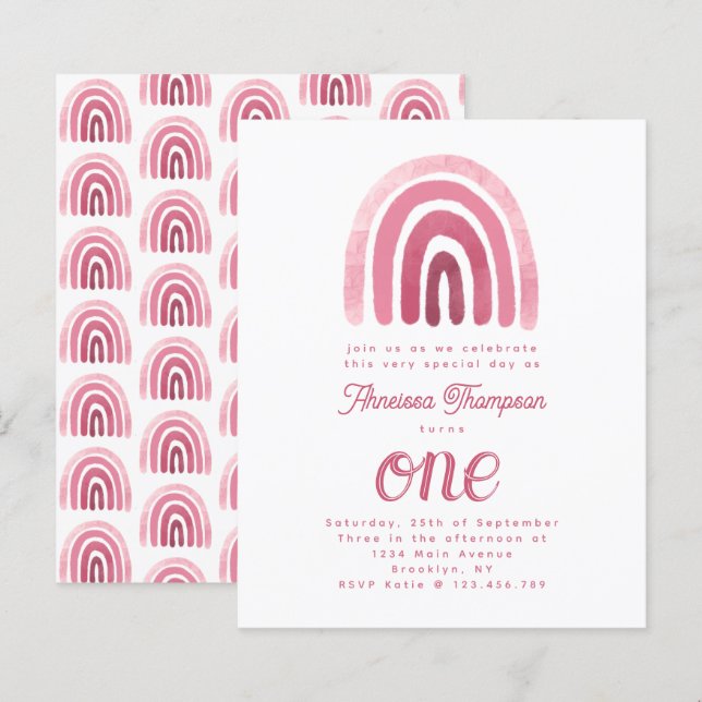 Budget Minimalist Boho Pink Rainbow First Birthday (Front/Back)