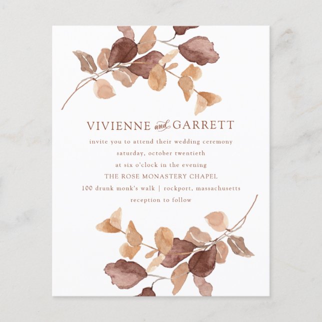 BUDGET Minimalist Fall Leaves Wedding Invitation (Front)