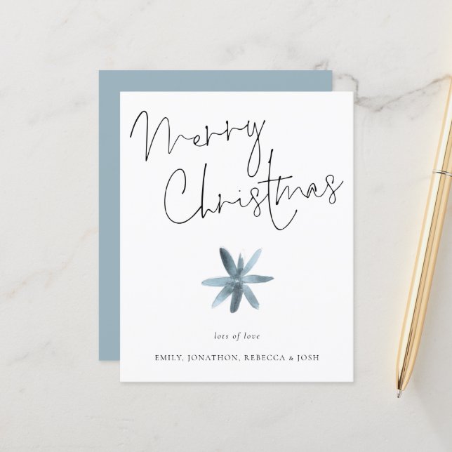 Budget Minimalist Flower Teal Merry Christmas Card (Front/Back In Situ)