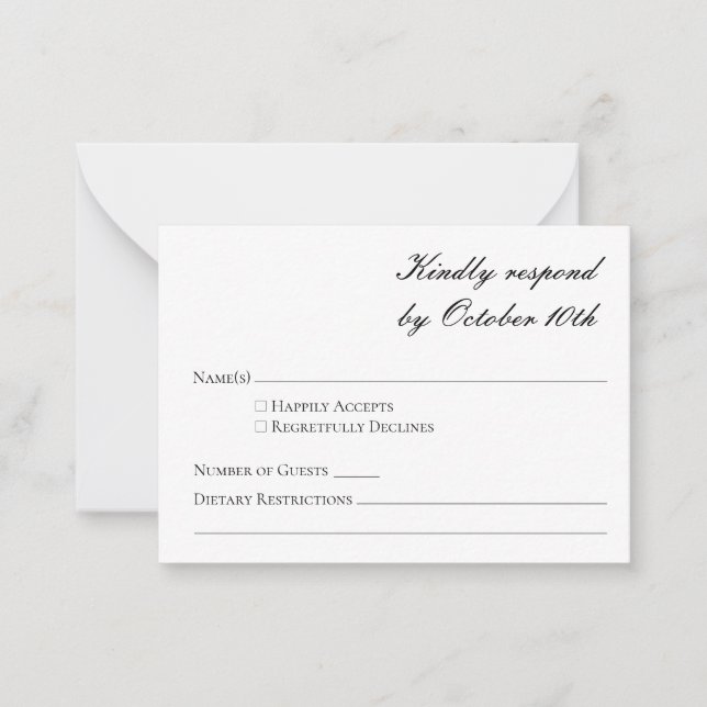 Budget Minimalist Formal Black White Script RSVP Card (Front)