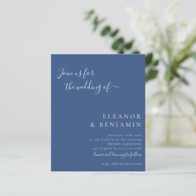 Budget Minimalist French Blue Wedding Invitation (Standing Front)
