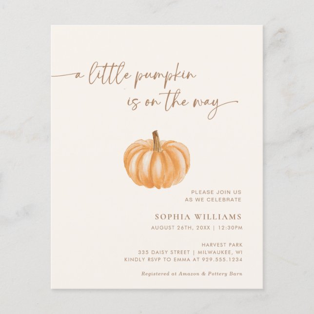 BUDGET Minimalist Little Pumpkin Baby Shower Flyer (Front)