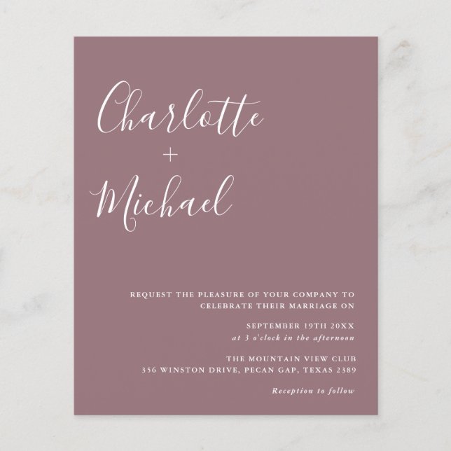 Budget Minimalist Mauve Wedding Invitation (Front)