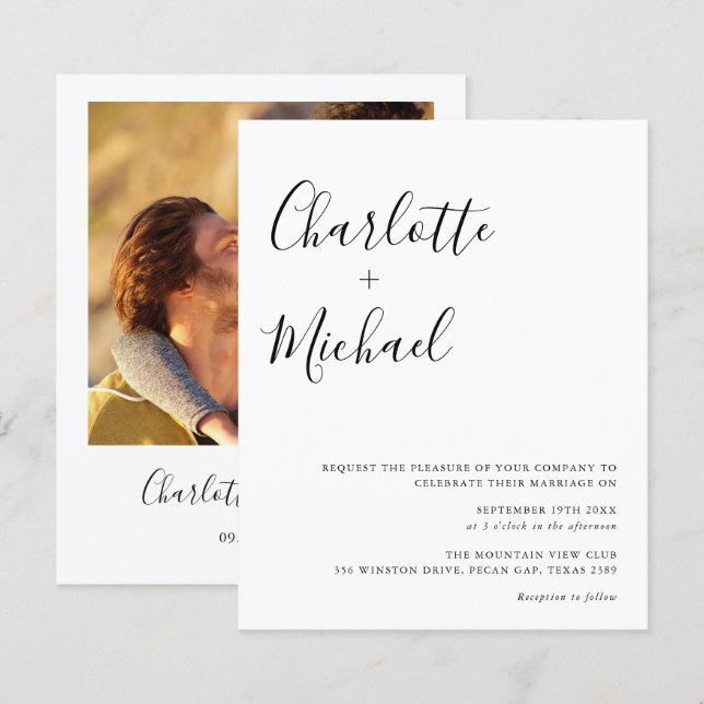 Budget Minimalist Script Photo Wedding Invitation (Front/Back)