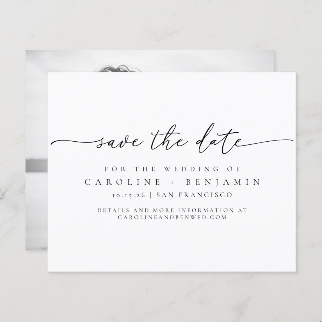 Budget Minimalist Script Photo Wedding Save Date (Front/Back)