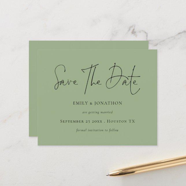 Budget Minimalist Script Sage Green Save The Date (Front/Back In Situ)