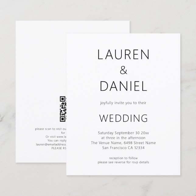 Budget Minimalist Text QR Code Black White Wedding (Front/Back)