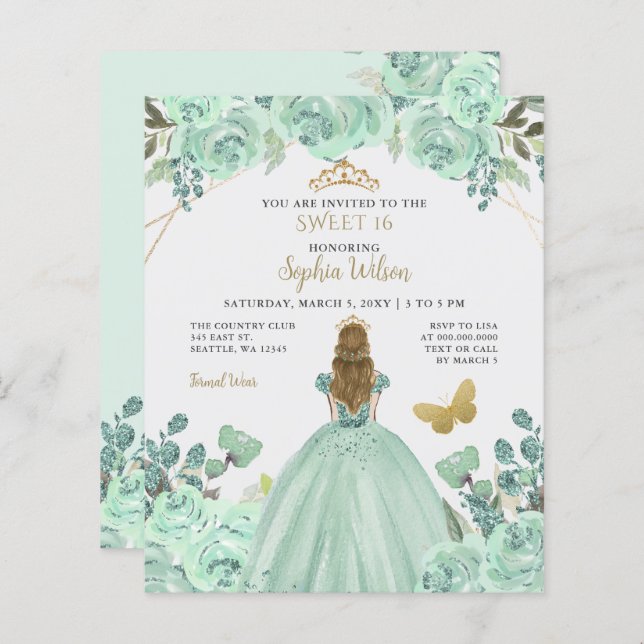 Budget Mint Gold Princess Sweet 16 Invitation (Front/Back)