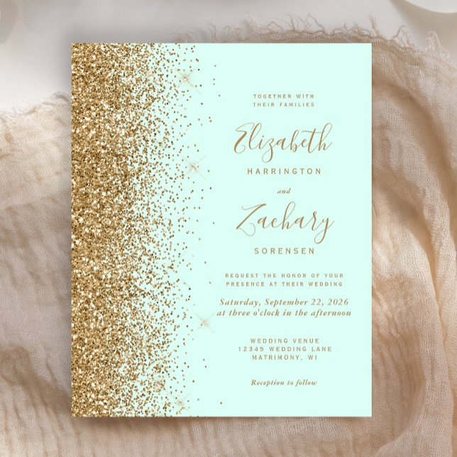 Budget Mint Green Gold Glitter Wedding Invitation (Creator Uploaded)