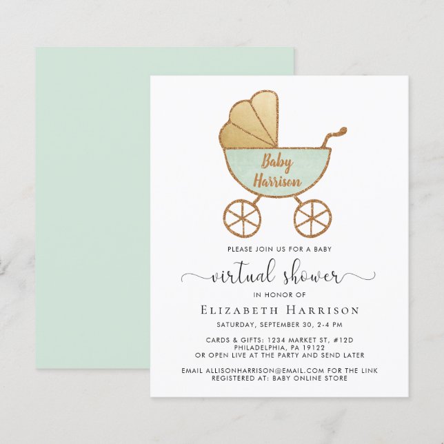 Budget Mint Green Virtual Baby Shower Invitation (Front/Back)