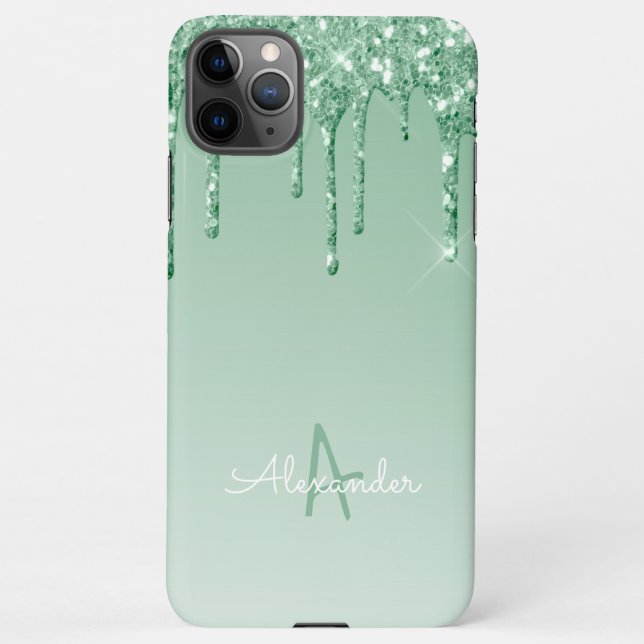 Budget Minty Green Dripping Glitter Monogram Named iPhone Case (Back)