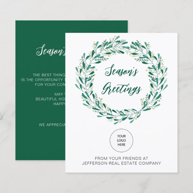 Budget Mistletoe Wreath Logo Business Holiday Card (Front/Back)