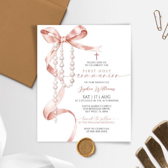 Budget Mocha Bow First Communion Invitation (Creator Uploaded)