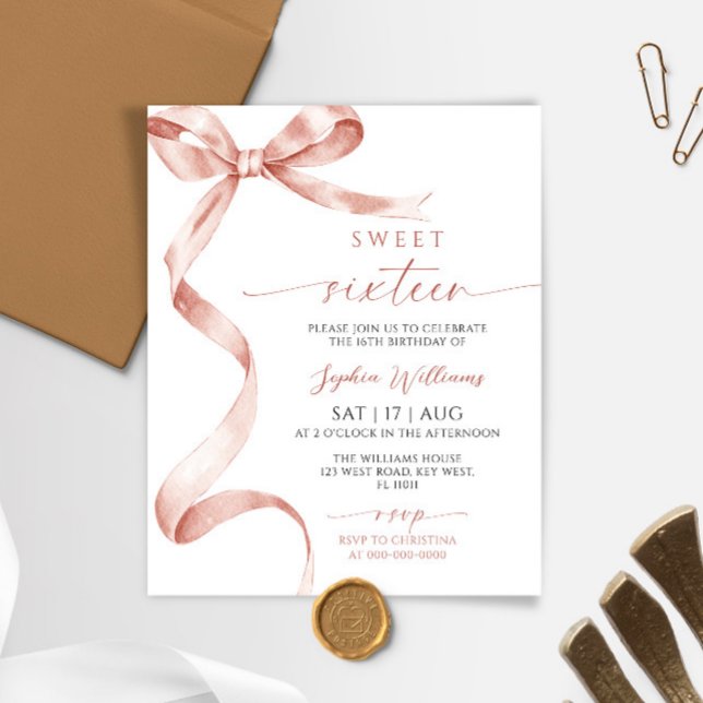 Budget Mocha Bow Sweet 16 Birthday Invitation (Creator Uploaded)