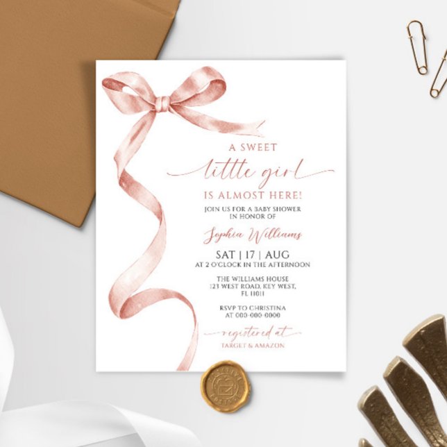 Budget Mocha Bow Sweet Girl Baby Shower Invitation (Creator Uploaded)