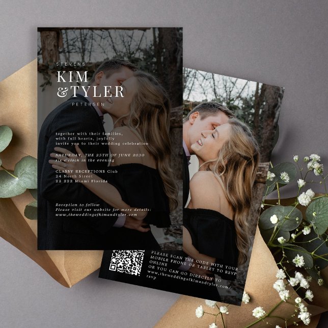Budget modern 2 photos QR code wedding invitation (Creator Uploaded)