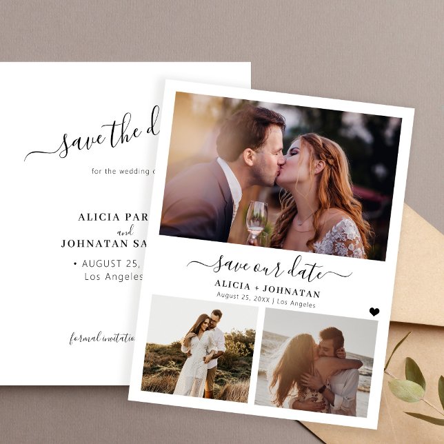 Budget modern 3 photo wedding save the date card (Creator Uploaded)