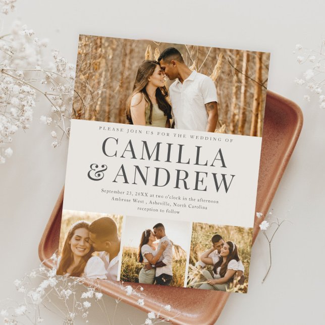  Budget Modern 4 Photo Elegant Wedding Invitation (Modern Typography Budget Photo Wedding Invitations.)