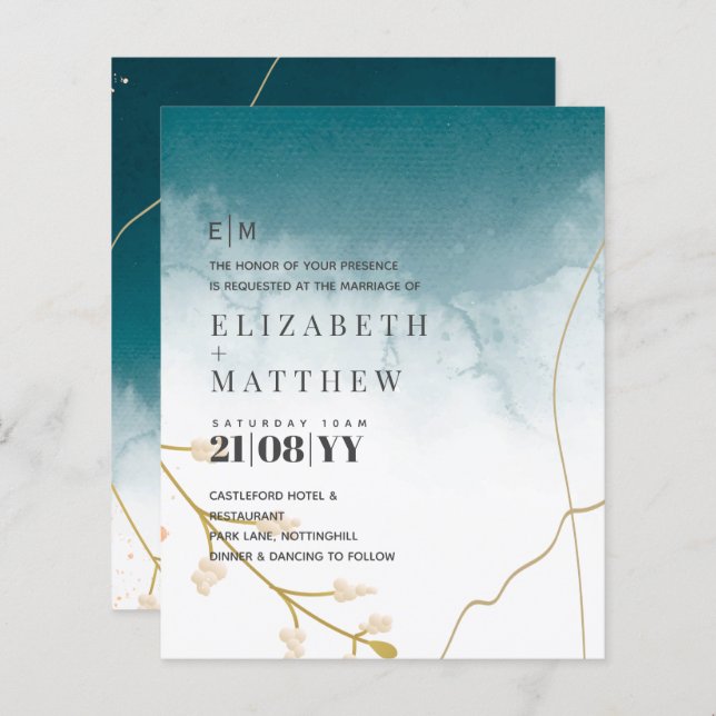 BUDGET Modern Abstract Teal Gold Wedding Invite (Front/Back)