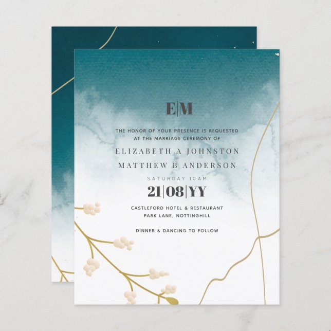 BUDGET Modern Abstract Teal Gold Wedding Invite (Front/Back)