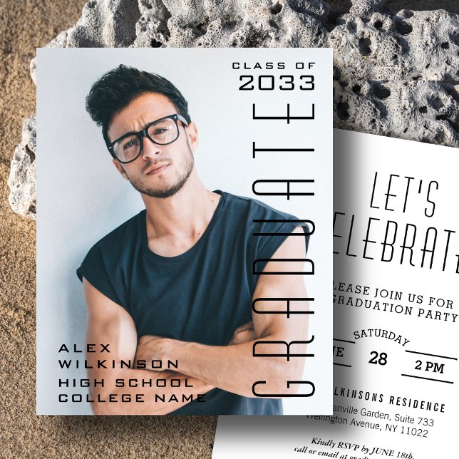 BUDGET Modern Black Script Photo GRAD Invitation (Creator Uploaded)