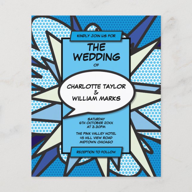 Budget Modern Blue Comic Book Wedding Invitation (Front)