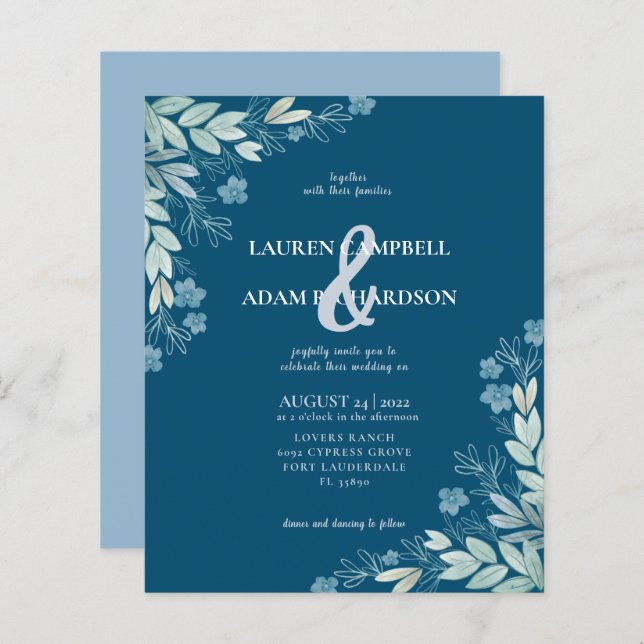 Budget Modern Blue Foliage Wedding Invitation (Front/Back)
