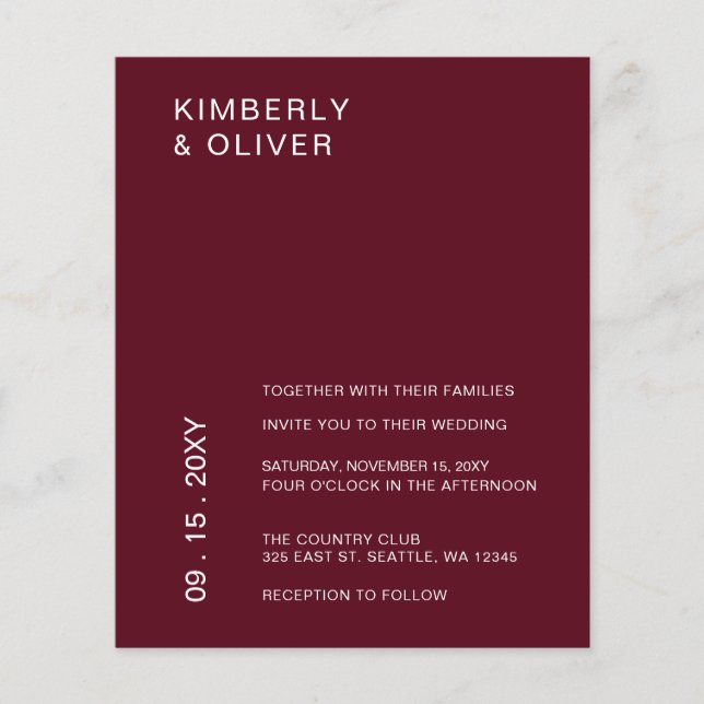Budget Modern Burgundy Wedding Invitations (Front)