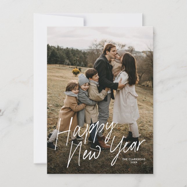 Budget Modern Calligraphy Happy New Year 2 Photo Holiday Card (Front)