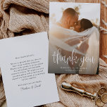Budget Modern Calligraphy Script Wedding Photo Thank You Card<br><div class="desc">This budget flat wedding thank you card features your full wedding photo,  with calligraphy script overlay. Customize your special wedding thank you on the back,  or remove it to leave the back blank for your handwritten message of thanks.</div>