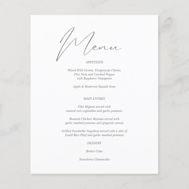 Budget Modern Chic Gray & White Menu (Front)