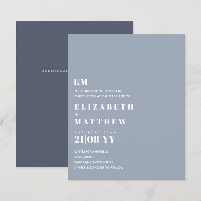Budget Modern Dusty Blue Wedding Invites (Front/Back)