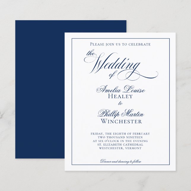 Budget Modern Elegant Navy Blue White Wedding (Front/Back)