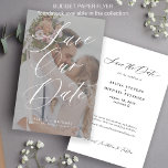 Budget modern elegant photo wedding save the date flyer<br><div class="desc">Modern romantic chic BUDGET affordable wedding save the date template PAPER FLYER with your custom photo in trendy transparent overlay with white classy hand lettered calligraphy script. Easy to personalize with your details and engagement picture on both sides! Suitable for any season elegant wedding theme. PLEASE READ THIS BEFORE PURCHASING!...</div>