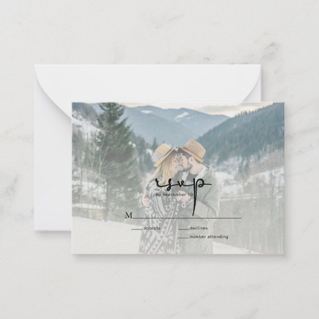 BUDGET Modern Elegant Script Photo Wedding RSVP Card (Front)