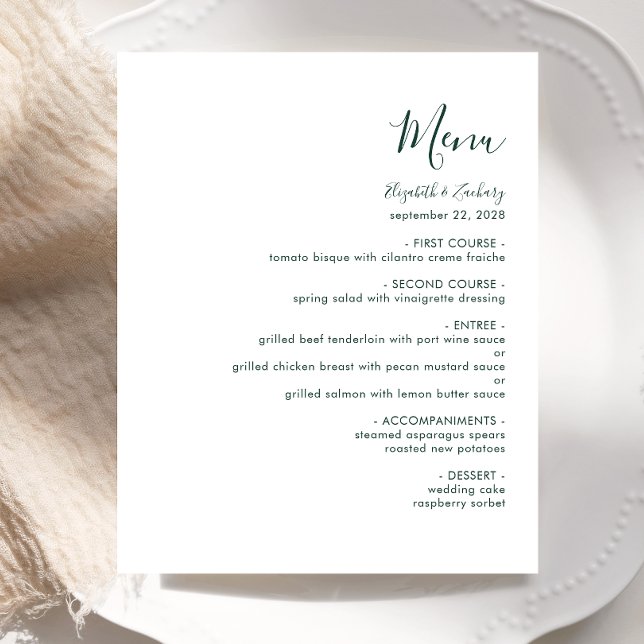 Budget Modern Emerald Green Script Wedding Menu (Creator Uploaded)