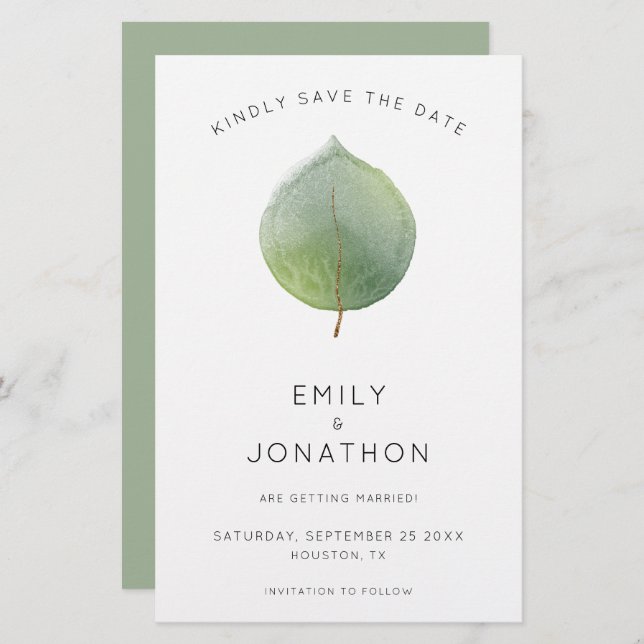 Budget Modern Eucalyptus Leaf Large Save The Date (Front/Back)