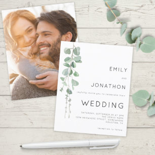 Budget Modern Eucalyptus Photo Wedding Invitation 