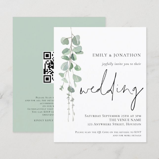 Budget Modern Eucalyptus QR Code Wedding Invite (Front/Back)