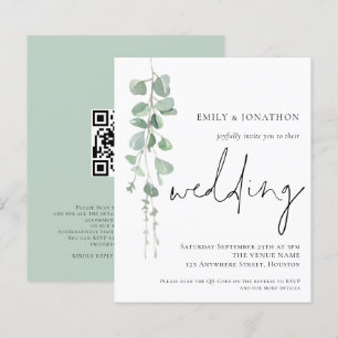 Budget Modern Eucalyptus QR Code Wedding Invite