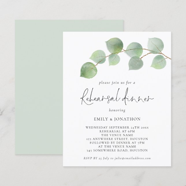 Budget Modern Eucalyptus Rehearsal Dinner Invite (Front/Back)