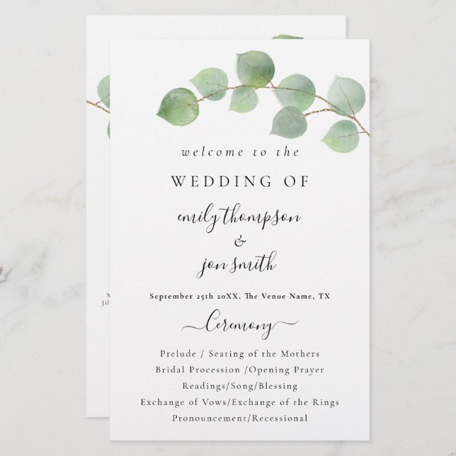 Budget Modern Eucalyptus Script Wedding Program (Front/Back)